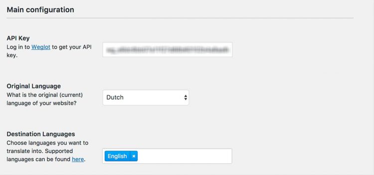 Weglot settings in WordPress: enter the API key and choose your languages