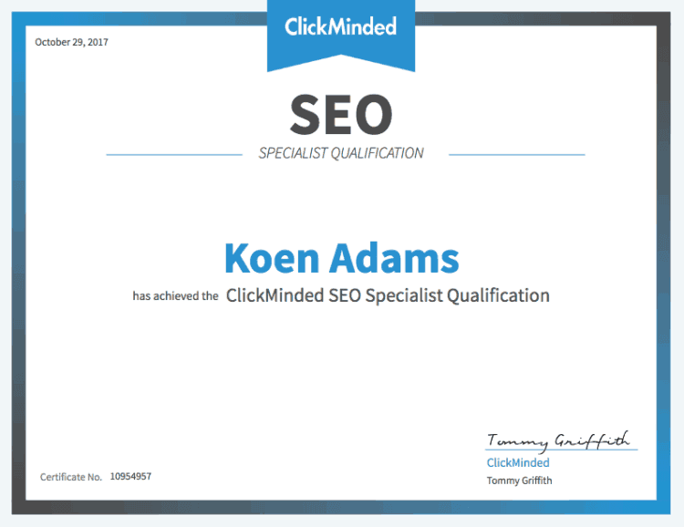 ClickMinded SEO specialist certificatie Koen Adams