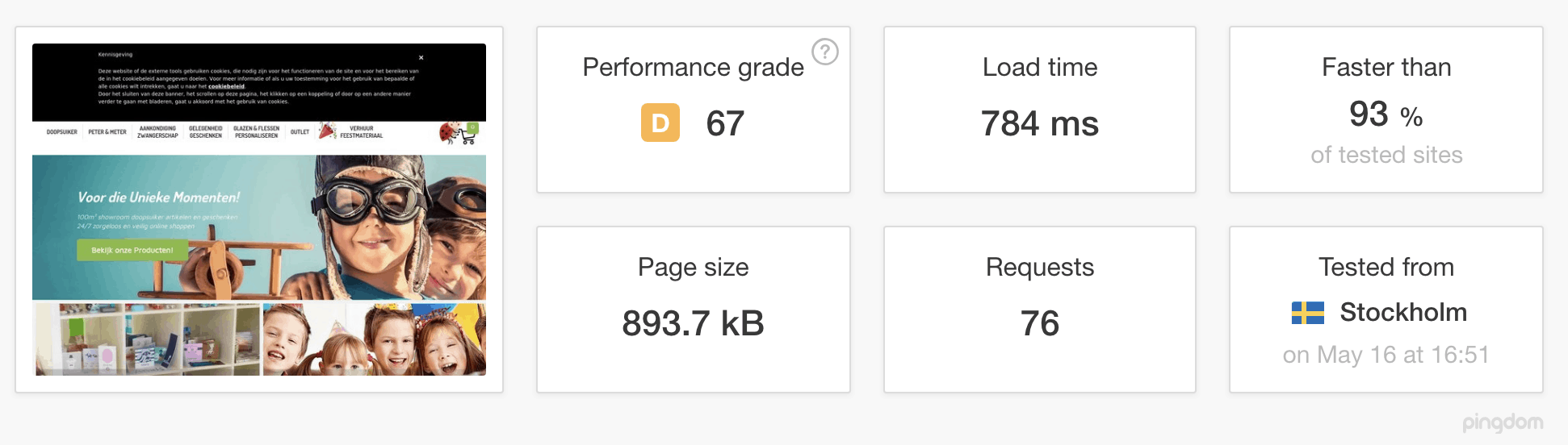 Resultaten Pingdom website speed test Pimpompoentje vanuit Zweden op 16 mei 2018