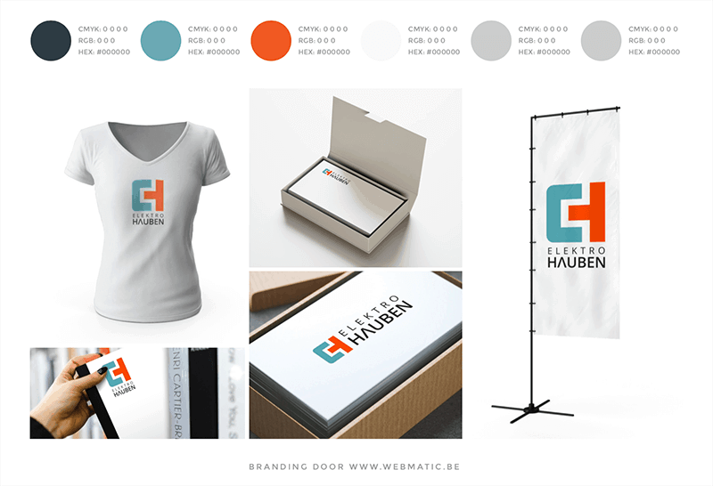 Voorbeelden van de nieuwe branding en huisstijl voor Elektro Hauben