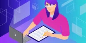 Een isometrische afbeelding van een vrouw die op een laptop werkt en inzicht geeft in de prestaties van de website met Google Analytics.